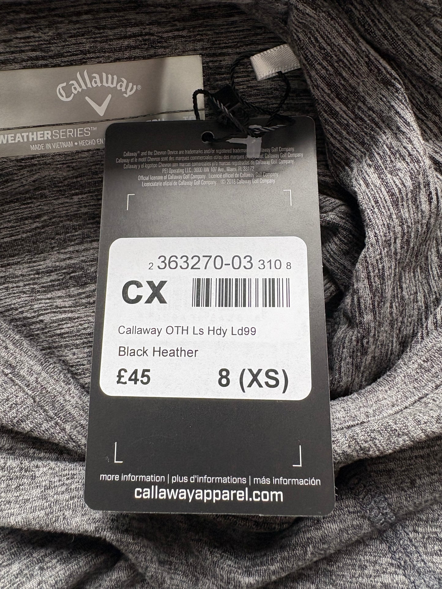 Callaway OTH Long Sleeve Hooded Top Colour Black Heather Size XS