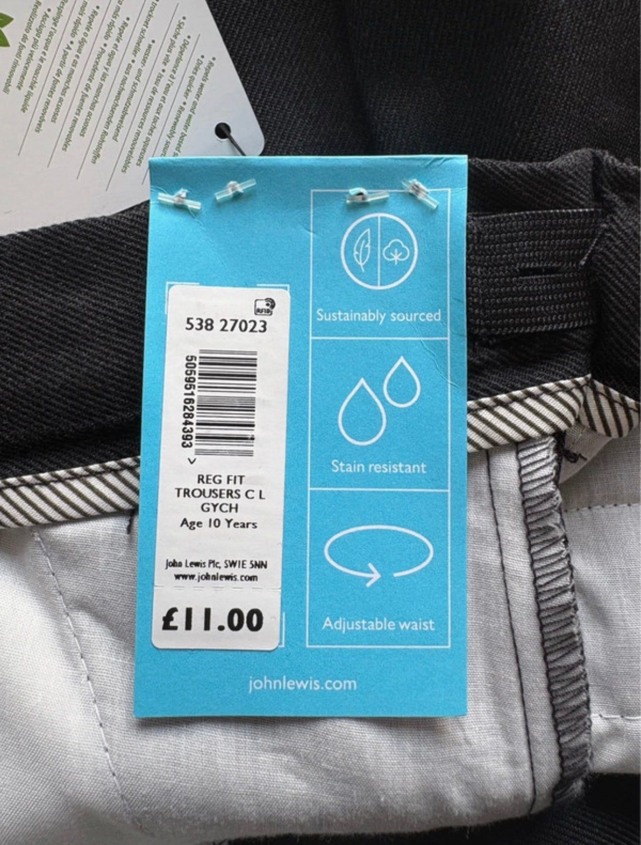 John Lewis Regular Fit Longer Length Trousers Colour Grey Size 10 Years