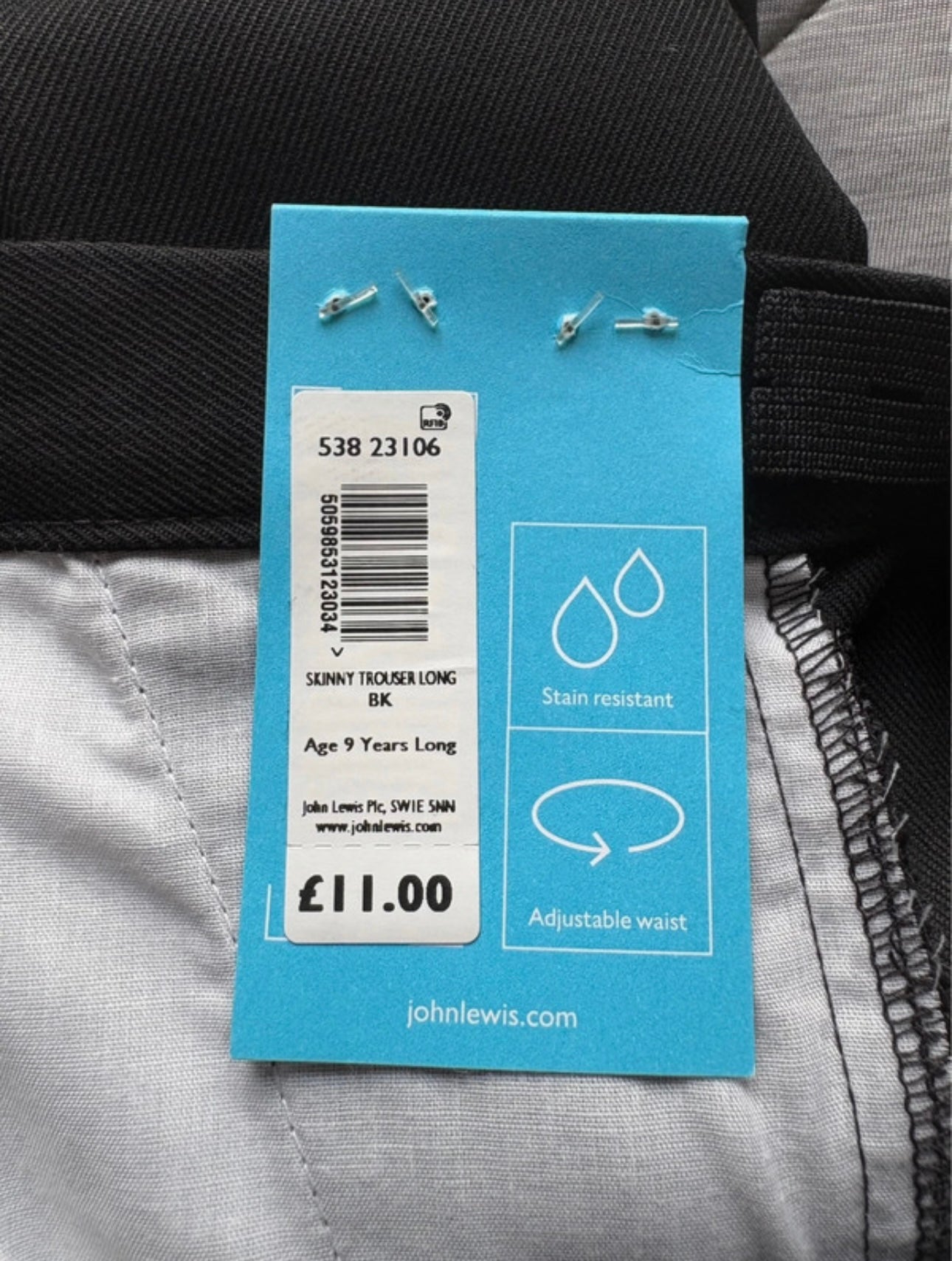 John Lewis Skinny Fit Longer Length Trousers Colour Black Size 9 Years