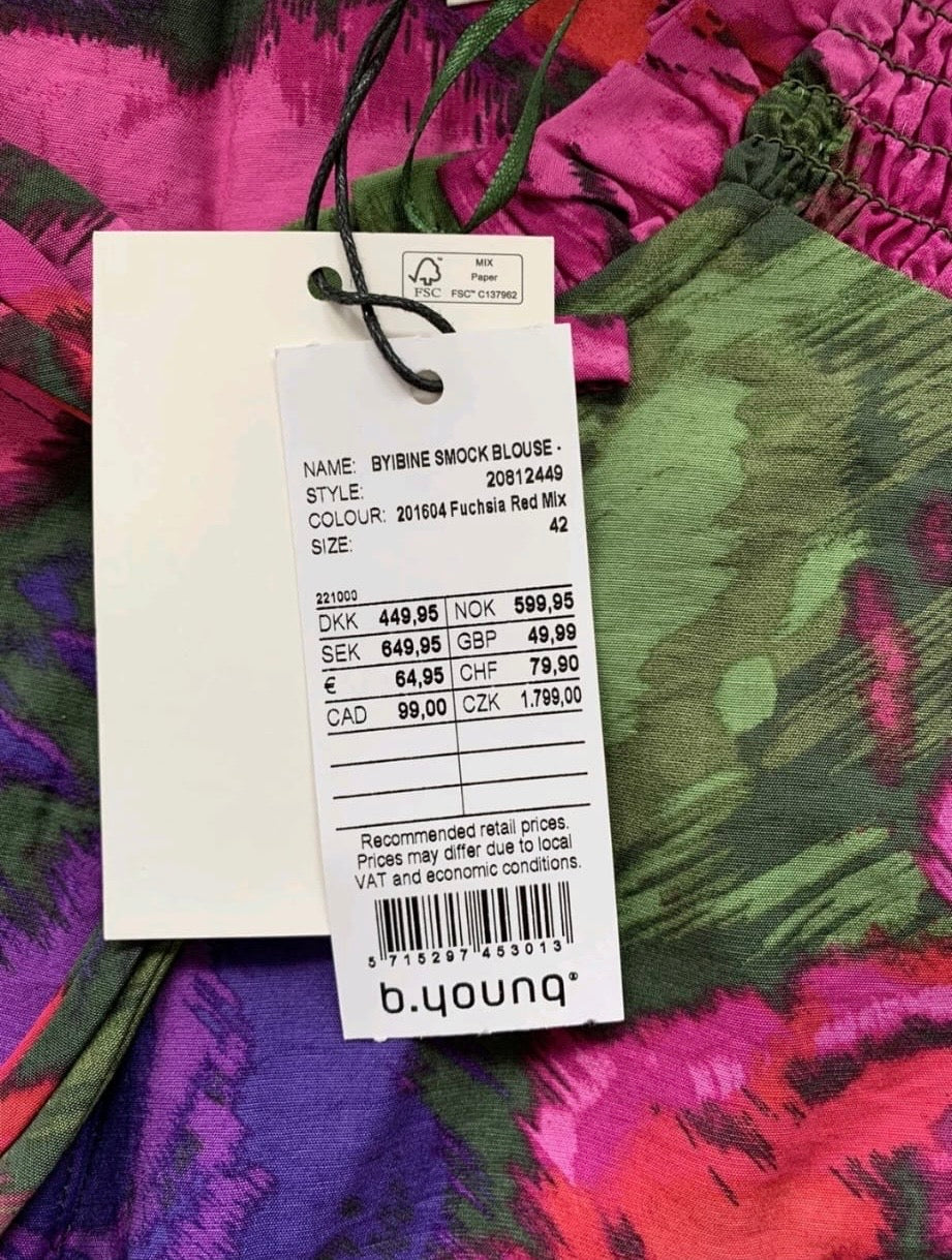 b.young Byibine Smock Blouse Colour Fuchsia Red Mix Size 14