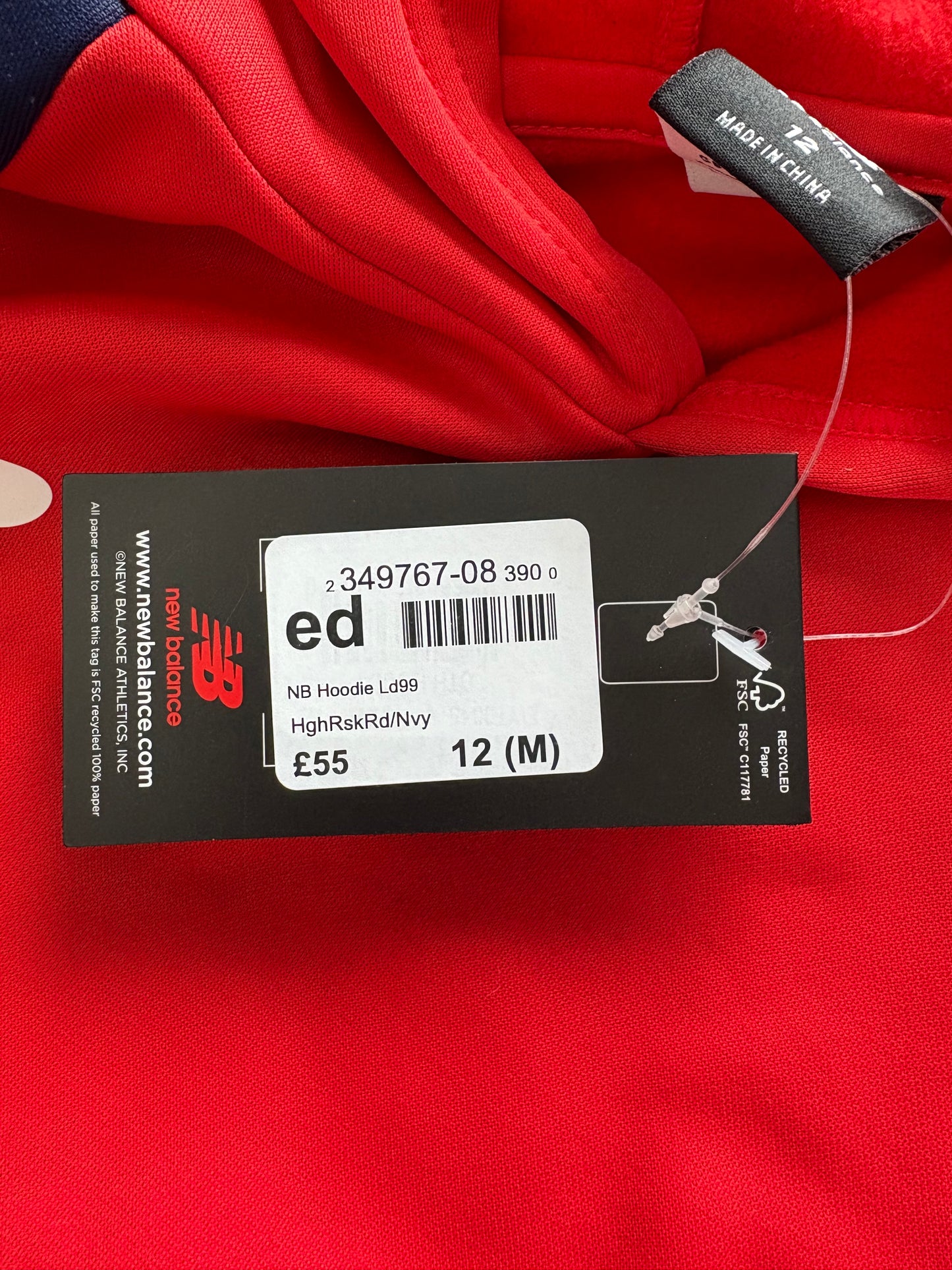 New Balance Hooded Jumper Colour Red/Navy Size 12