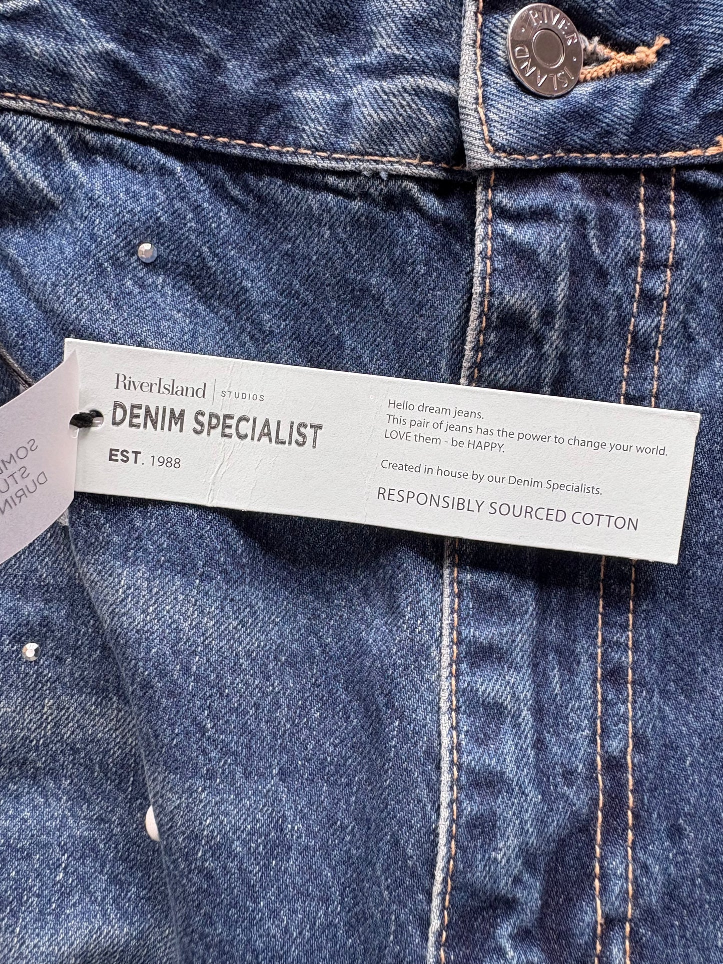 River Island Relaxed Straight Embellished Jeans Colour Medium Denim Size 18 R
