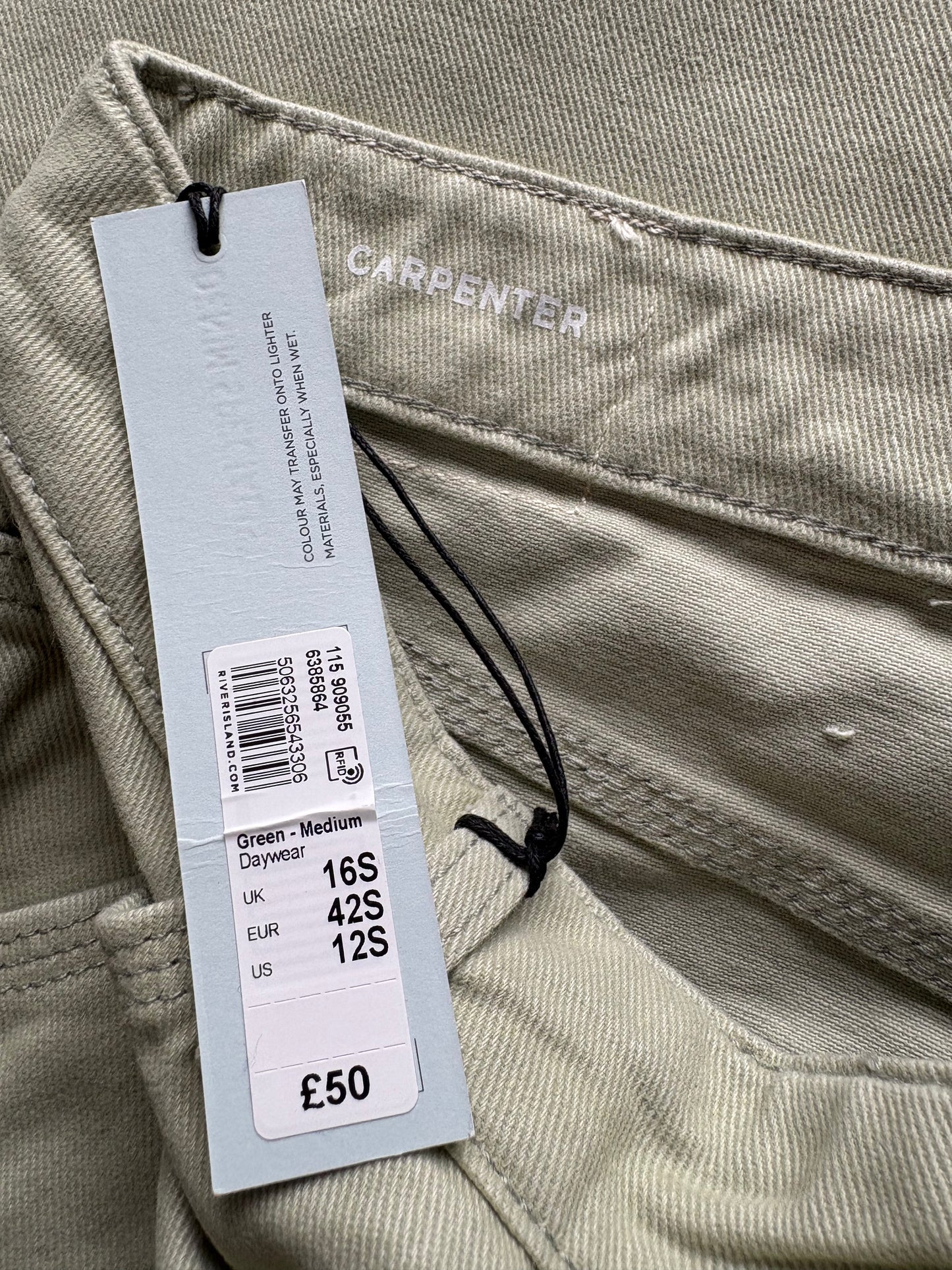 River Island Carpenter Wide Leg Jeans Colour Green Size 16 S