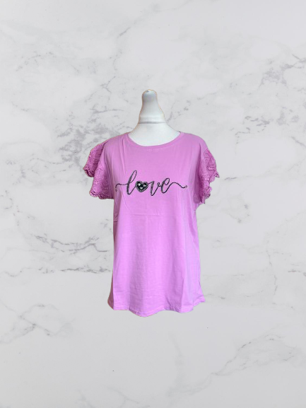Evelin Broderie 'Love' Short Sleeve Top Colour Pink Size XL/XXL