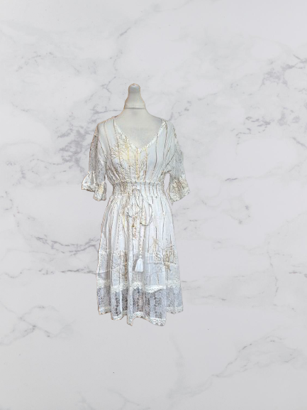 ISG Short Sleeve Boho Midi Dress Colour White/Gold One Size 10-18