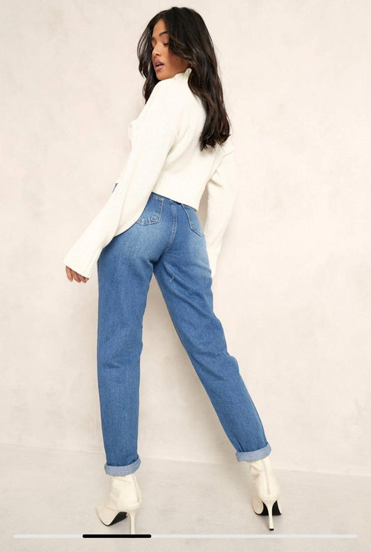 Boohoo High Waist Mom Jeans Colour Mid Blue Size 14