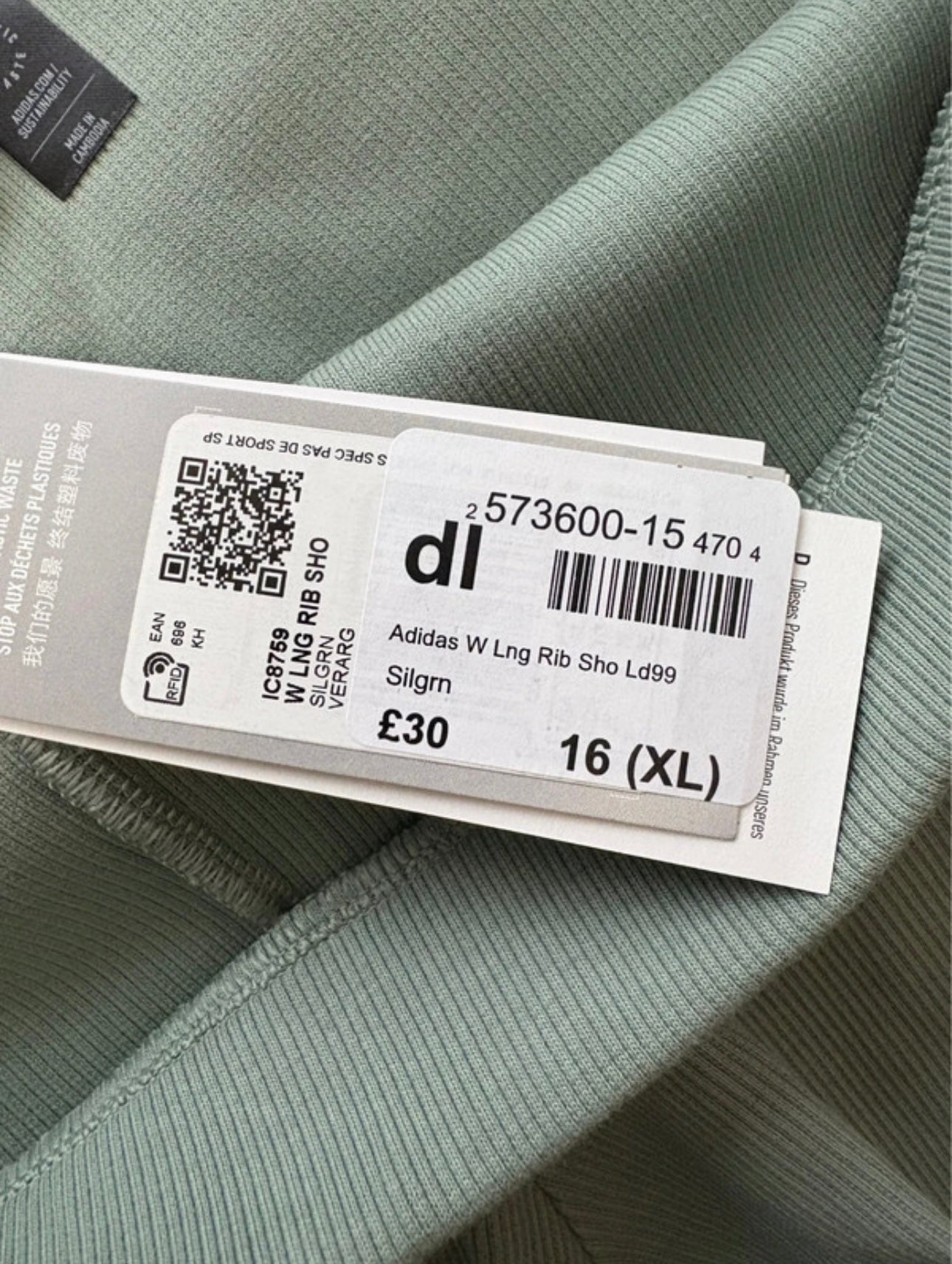 Adidas Lounge Ribbed Shorts Colour Silgrn Size 20-22