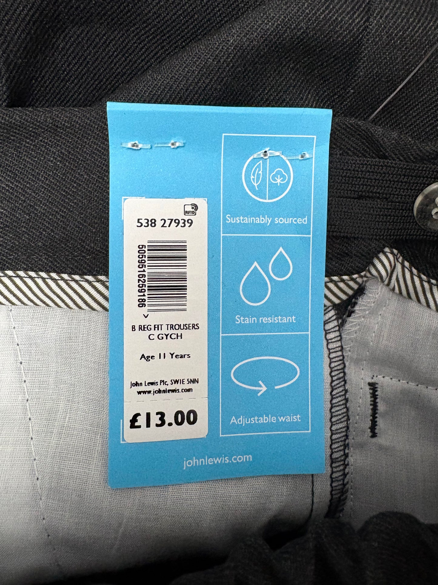 John Lewis Regular Fit Trousers Colour Grey Size 11 Years