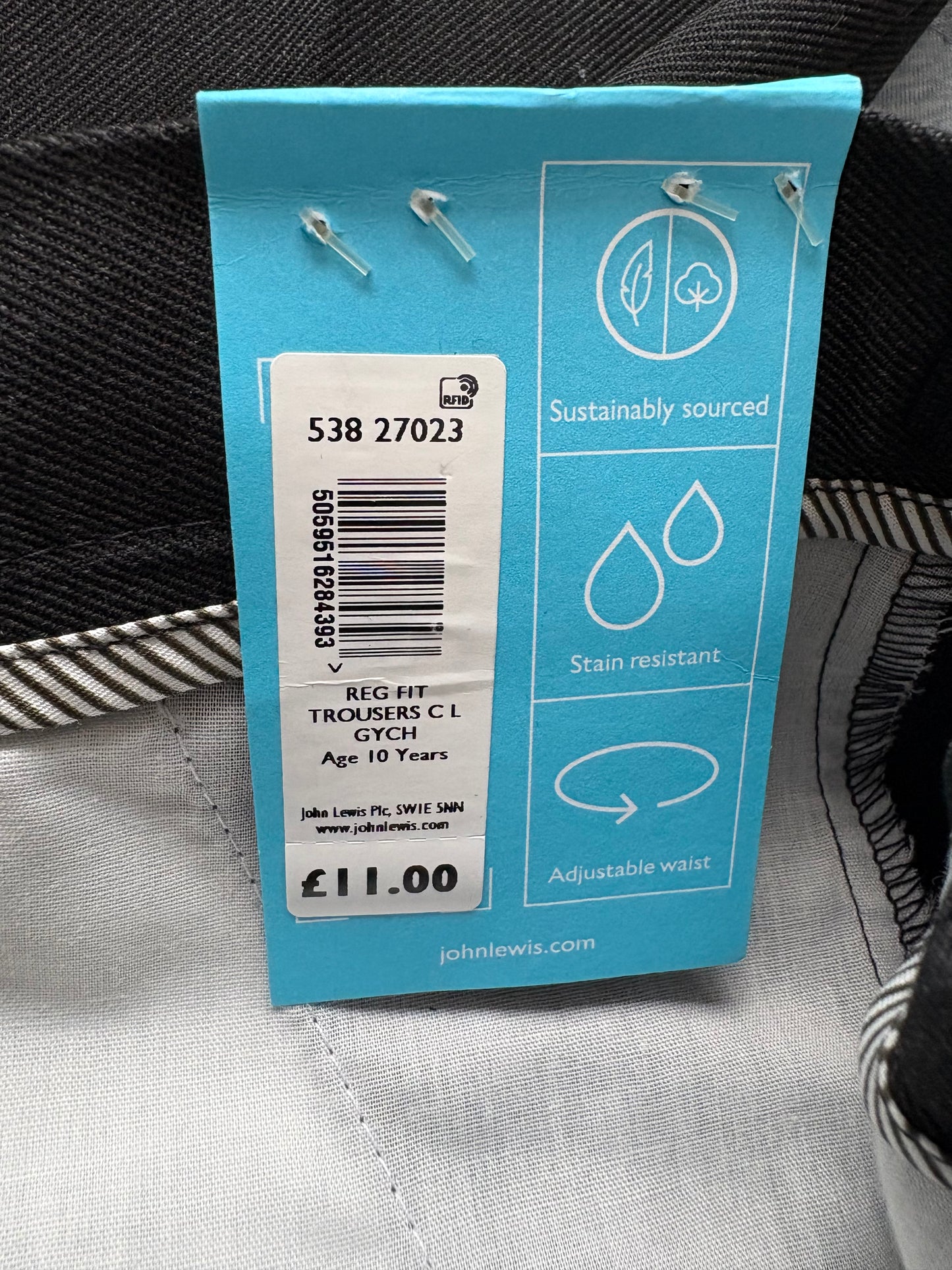 John Lewis Regular Fit Longer Length Trousers Colour Grey Size 10 Years