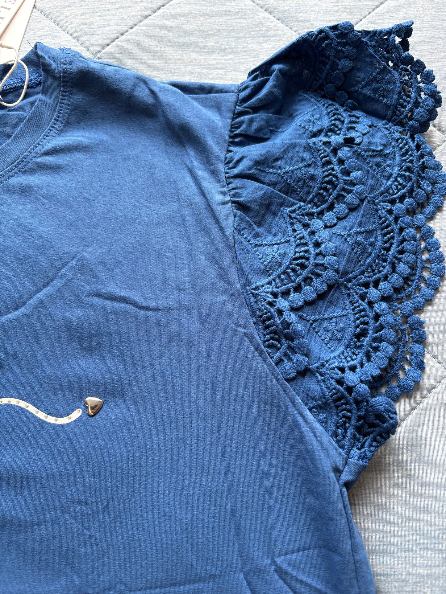 Evelin Broderie 'Love' Short Sleeve Top Colour Blue Size XL/XXL