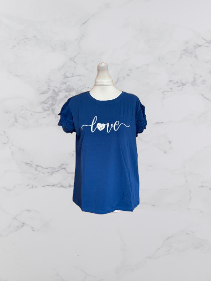 Evelin Broderie 'Love' Short Sleeve Top Colour Blue Size XL/XXL