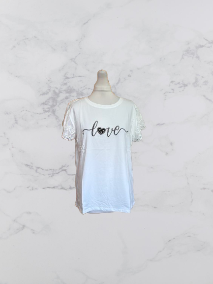 Evelin Broderie 'Love' Short Sleeve Top Colour White Size XL/XXL