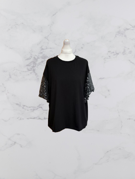 River Island Sequin Flutter Sleeve Short Sleeve Top Colour Black Size L