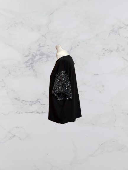 River Island Sequin Flutter Sleeve Short Sleeve Top Colour Black Size L