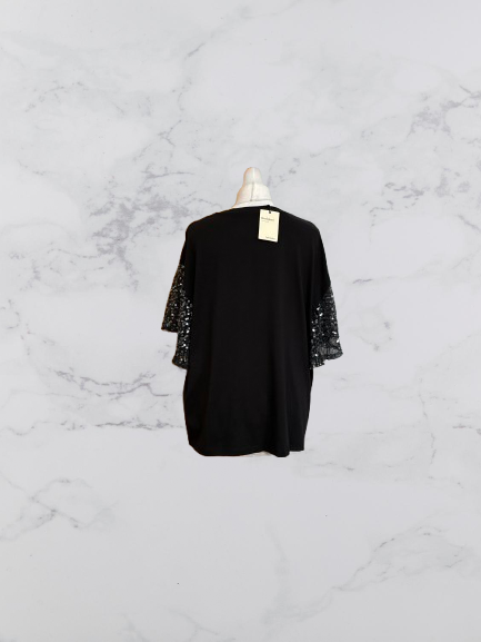 River Island Sequin Flutter Sleeve Short Sleeve Top Colour Black Size L