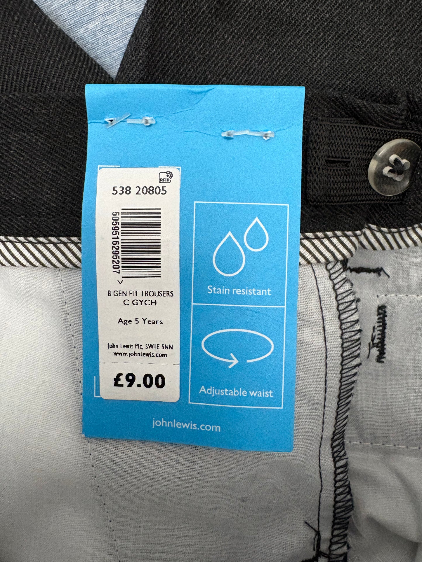 John Lewis Generous Fit Trousers Colour Dark Grey Size 5 Years